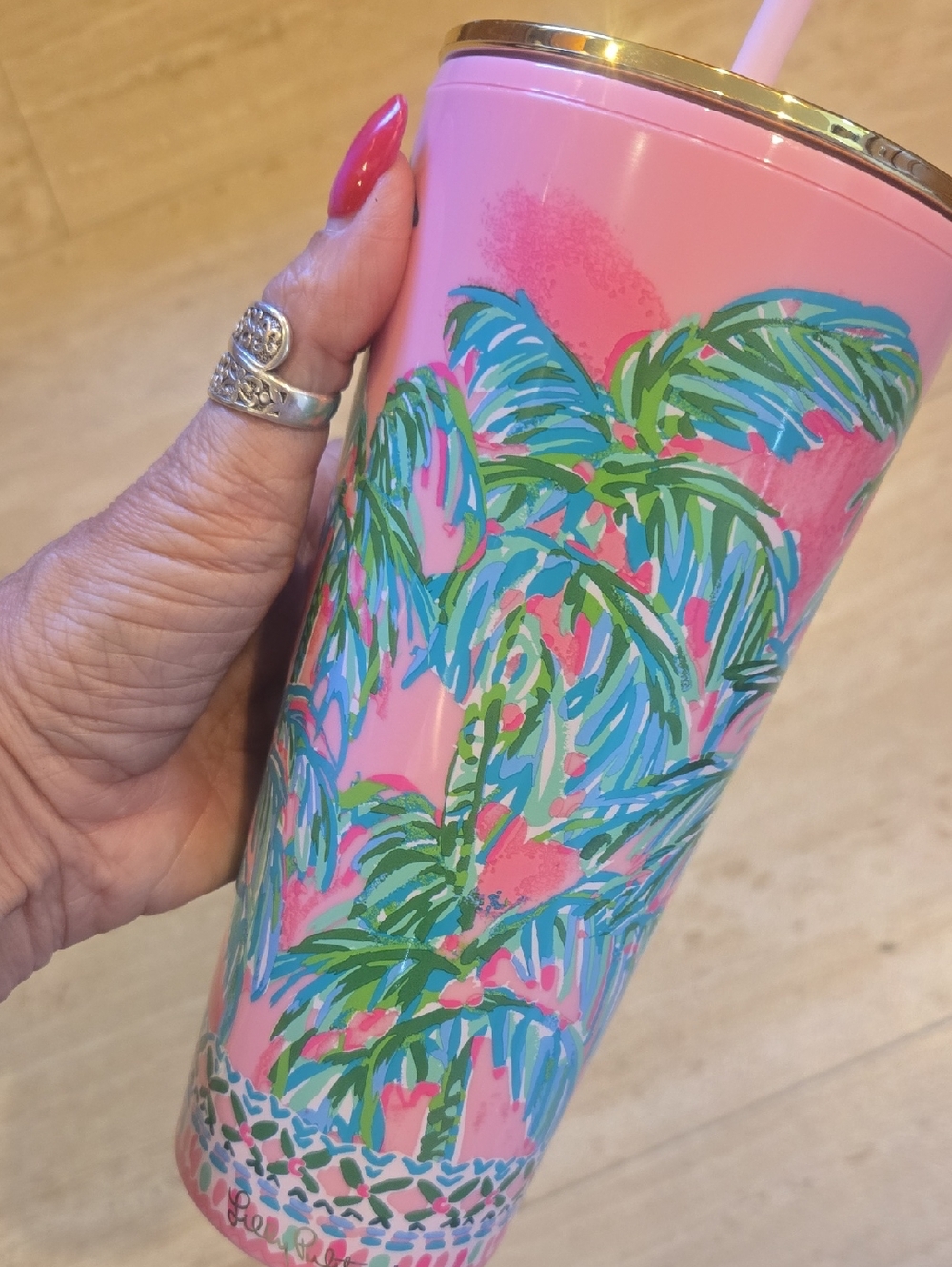 Lilly Pulitzer BPA Free Pink Tropical Print Travel Tumbler with Straw